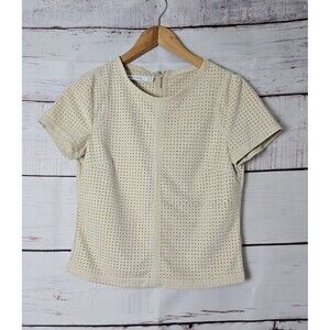 Bishop + Young Womens Top Small Beige Eyelet Laser Cut Faux Leather Short Sleeve